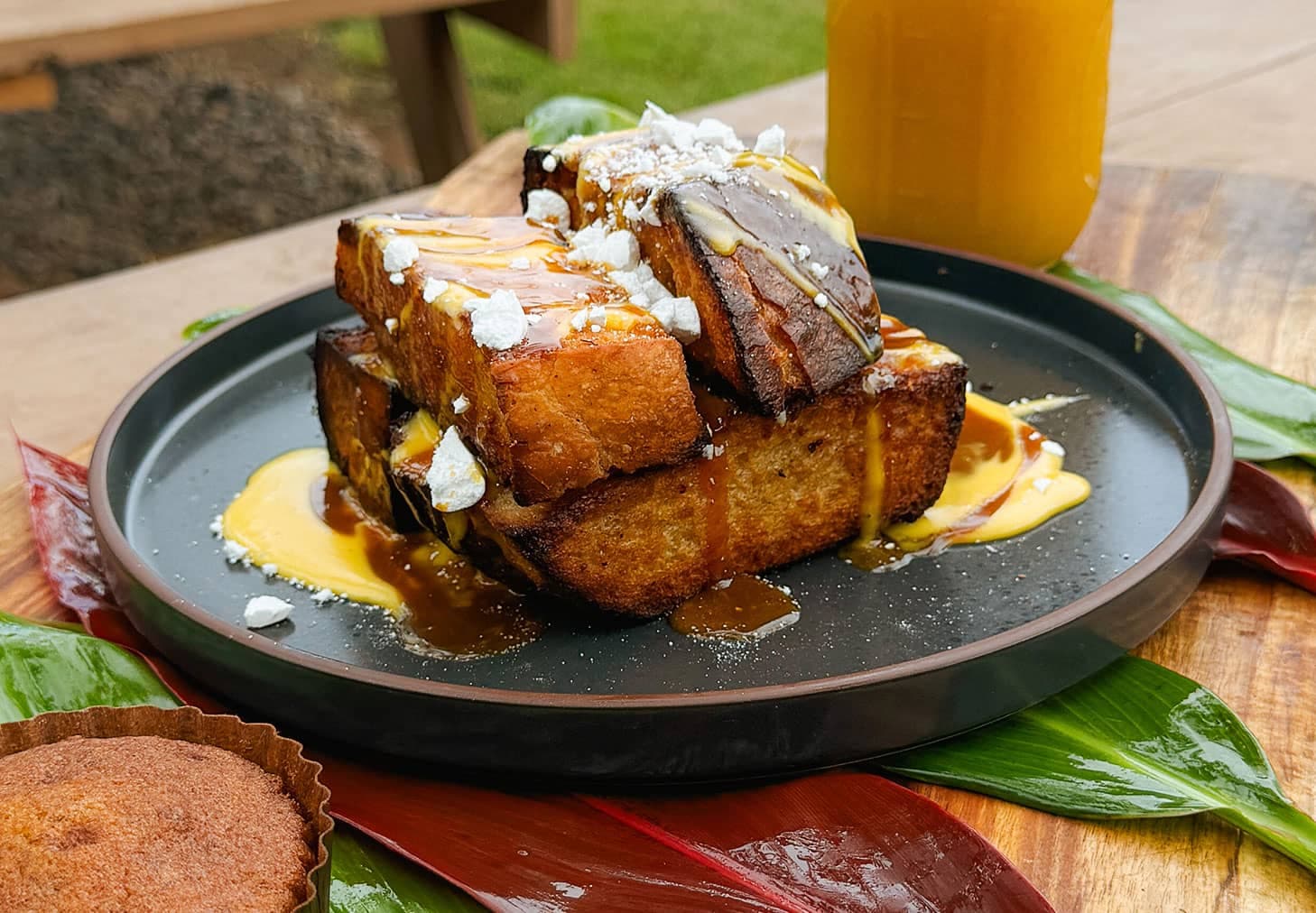 Picture of Caramel Lilikoi French Toast Plated on a Picnic Table