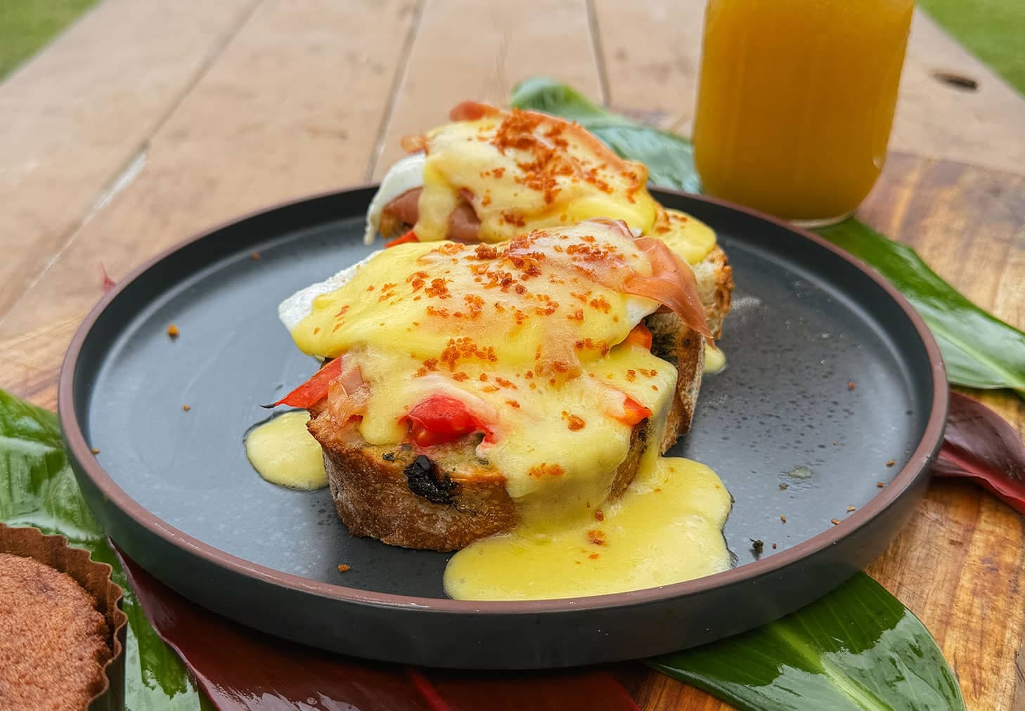 Image of Prosciutto Eggs Benedict On Picnic Table